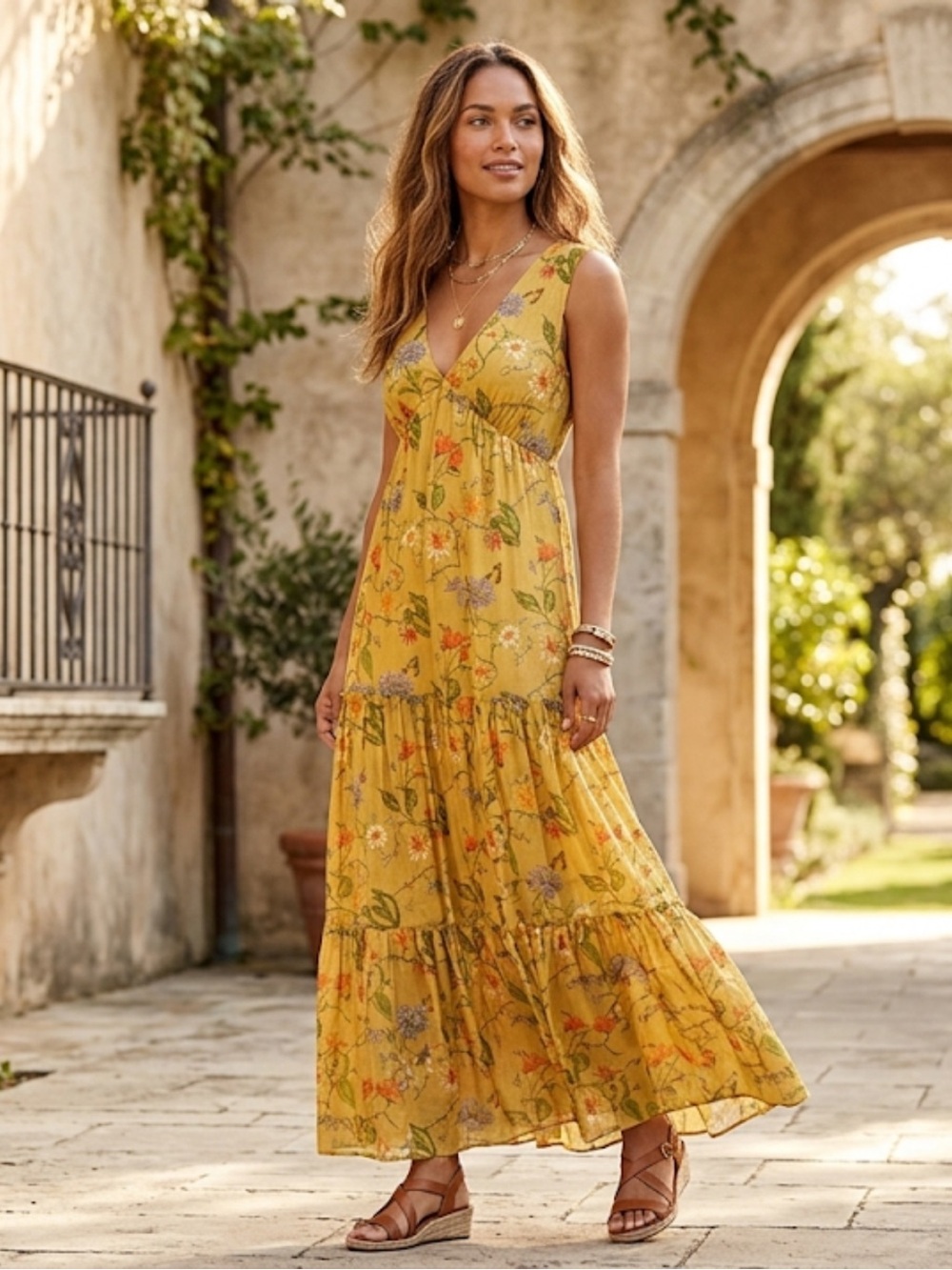 Coco Shop Floral Butterfly Cotton V-Neck Tiered Maxi Dress Small